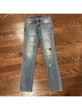 Volcom Jeans Womens Juniors Size 5 Super Skinny Low Rise Medium Wash Distressed